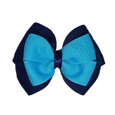 School Hair Accessories - Double Cherish Hair Bow 9cm - Navy Blue Base & Centre Ribbon (24 colours top)