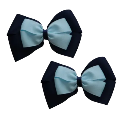 School Hair Accessories - Double Cherish Hair Bow 9cm - Navy Blue Base & Centre Ribbon (24 colours top)