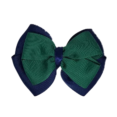 School Hair Accessories - Double Cherish Hair Bow 9cm - Navy Blue Base & Centre Ribbon (24 colours top)