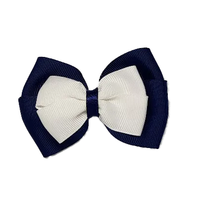 School Hair Accessories - Double Cherish Hair Bow 9cm - Navy Blue Base & Centre Ribbon (24 colours top)