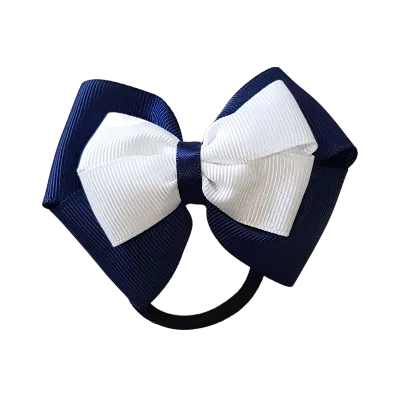 School Hair Accessories - Double Cherish Hair Bow 9cm - Navy Blue Base & Centre Ribbon (24 colours top)