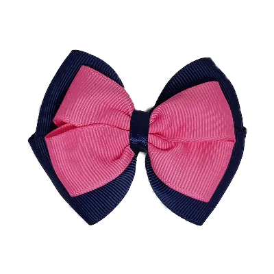 School Hair Accessories - Double Cherish Hair Bow 9cm - Navy Blue Base & Centre Ribbon (24 colours top)