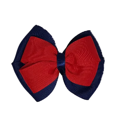 School Hair Accessories - Double Cherish Hair Bow 9cm - Navy Blue Base & Centre Ribbon (24 colours top)