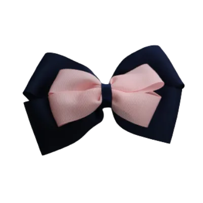 School Hair Accessories - Double Cherish Hair Bow 9cm - Navy Blue Base & Centre Ribbon (24 colours top)