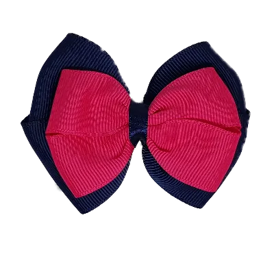 School Hair Accessories - Double Cherish Hair Bow 9cm - Navy Blue Base & Centre Ribbon (24 colours top)