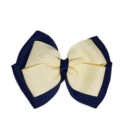 School Hair Accessories - Double Cherish Hair Bow 9cm - Navy Blue Base & Centre Ribbon (24 colours top)