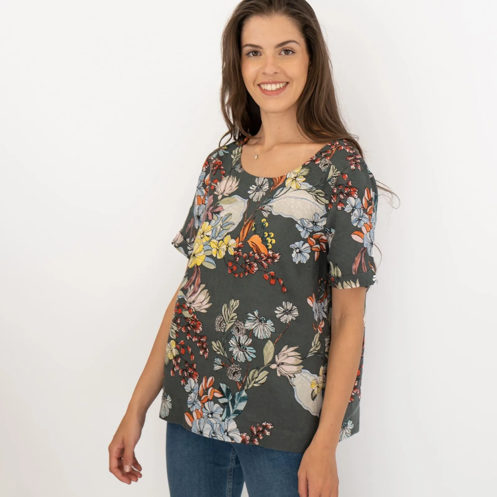 Seasalt Grey Floral Linen Blend Blouse Short Sleeve Tops