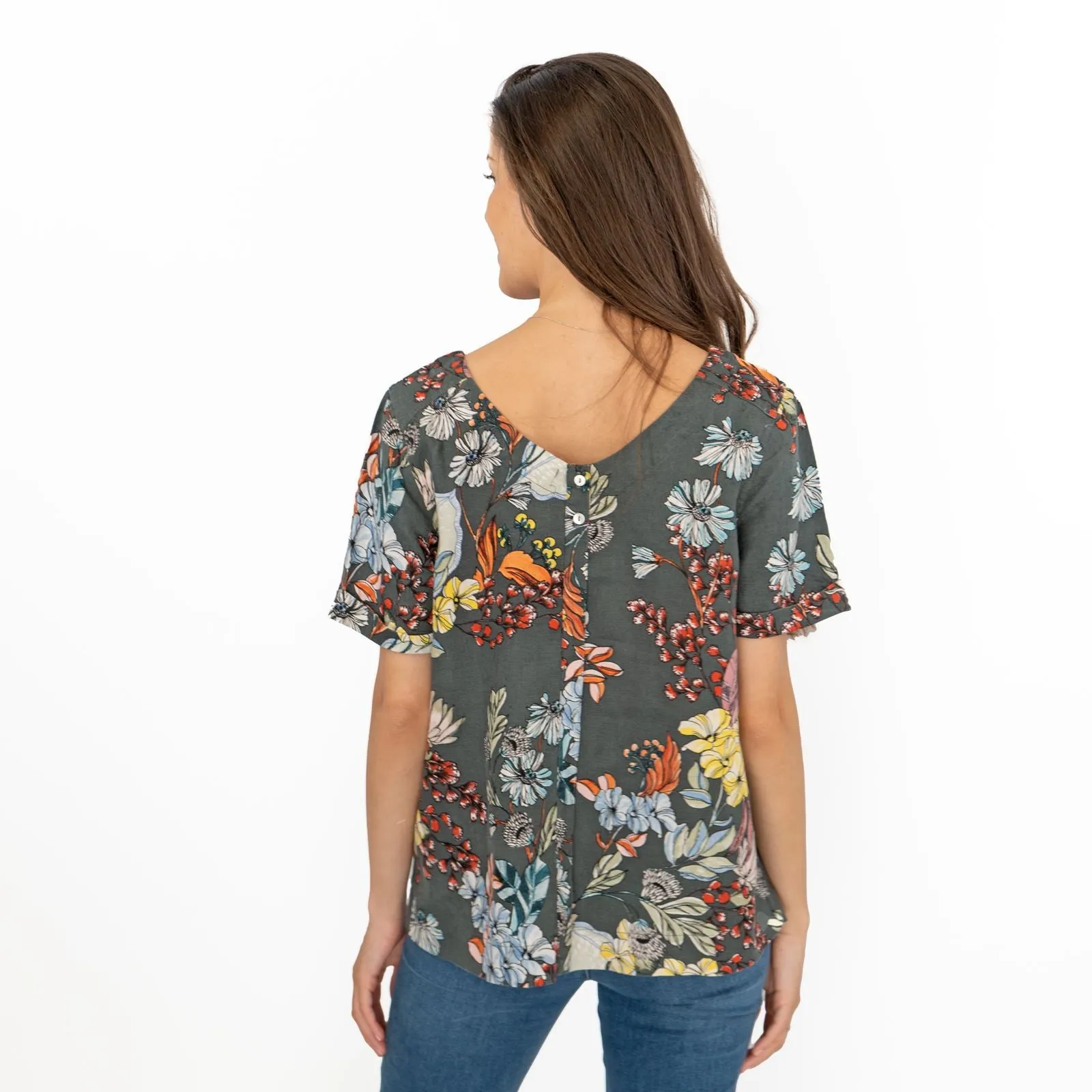 Seasalt Grey Floral Linen Blend Blouse Short Sleeve Tops