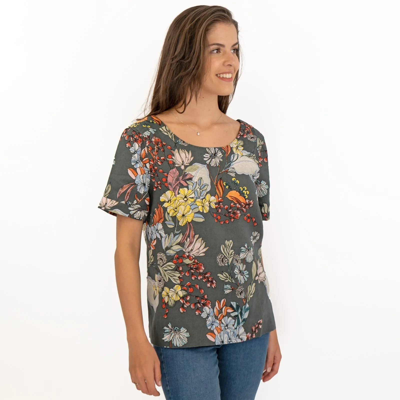 Seasalt Grey Floral Linen Blend Blouse Short Sleeve Tops