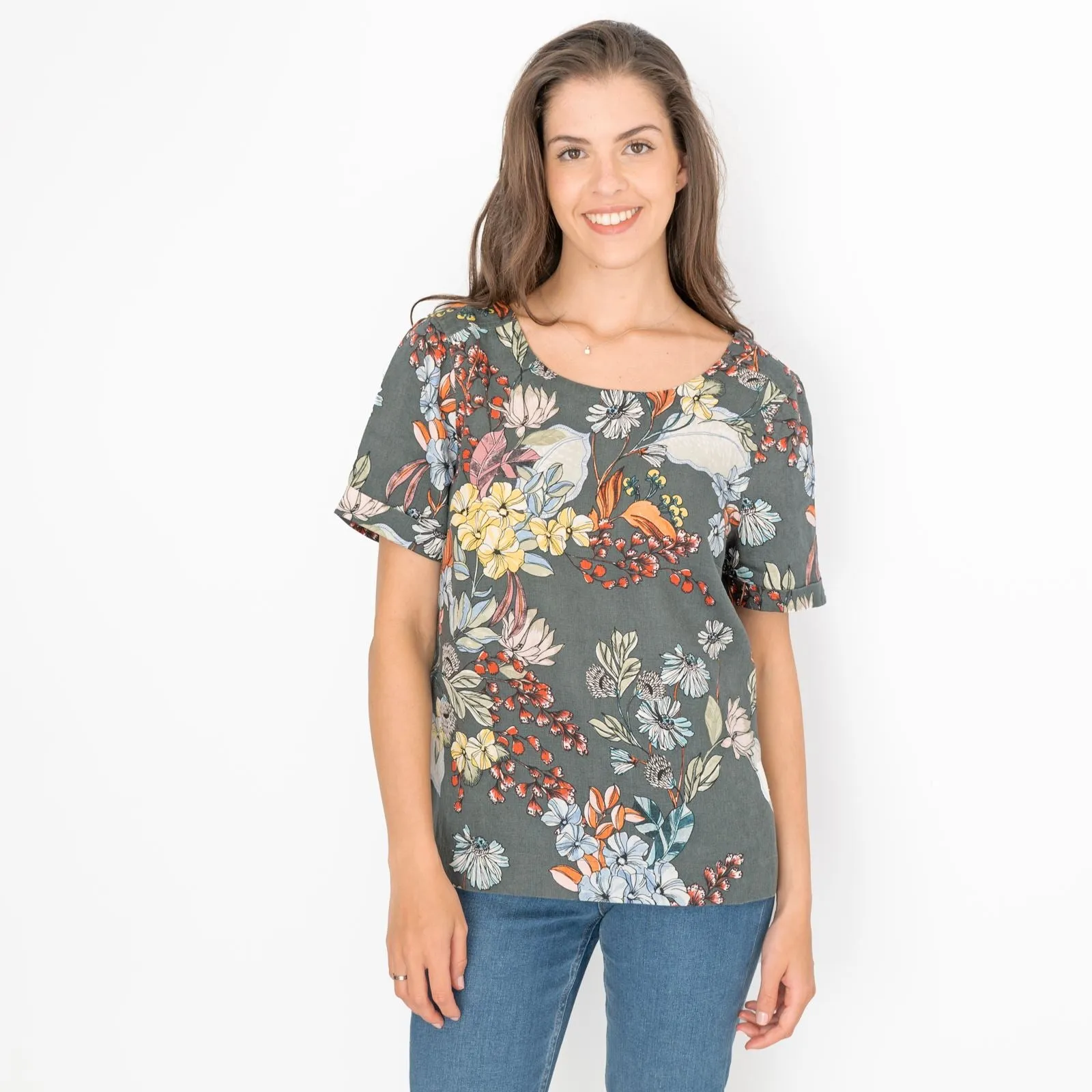 Seasalt Grey Floral Linen Blend Blouse Short Sleeve Tops