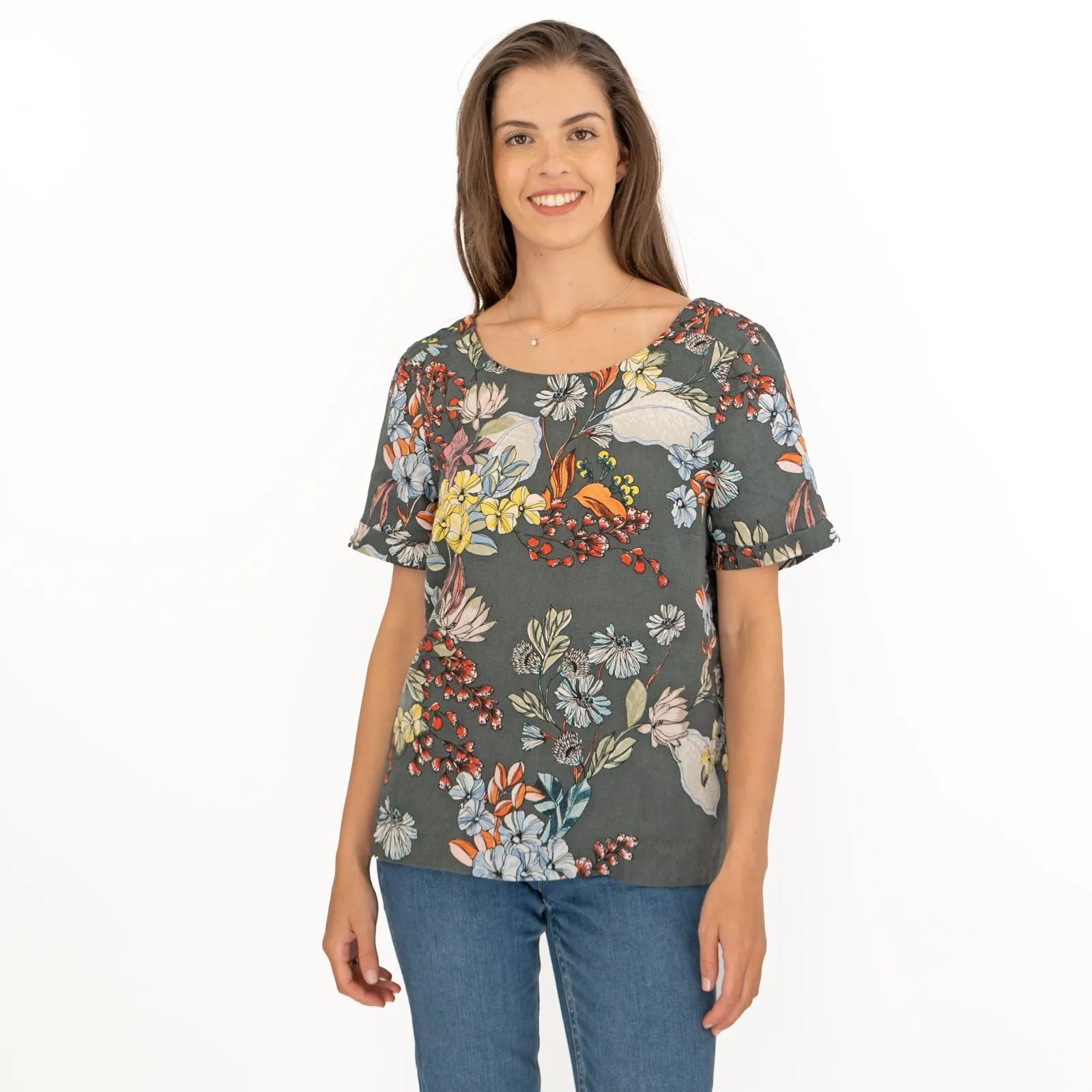 Seasalt Grey Floral Linen Blend Blouse Short Sleeve Tops