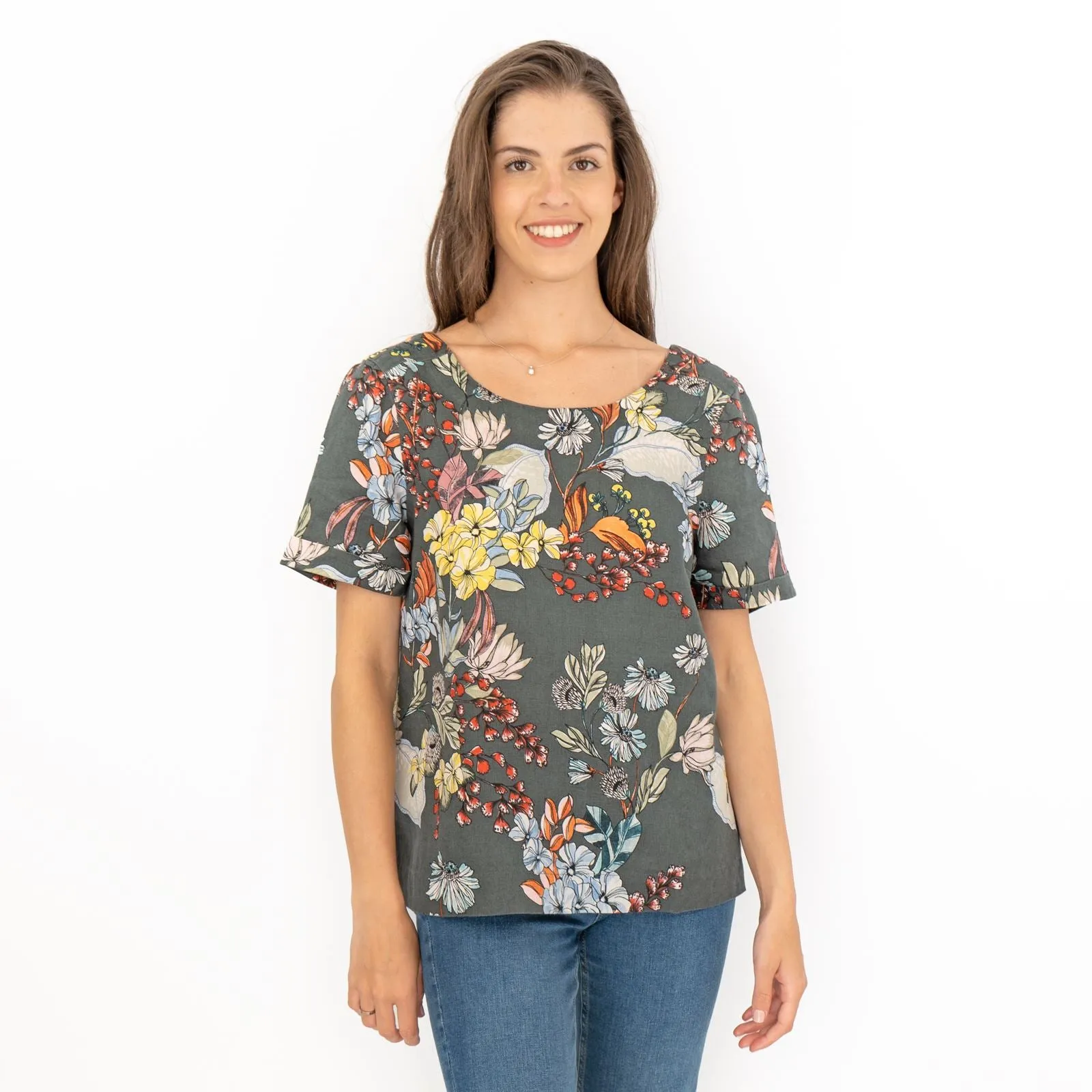 Seasalt Grey Floral Linen Blend Blouse Short Sleeve Tops