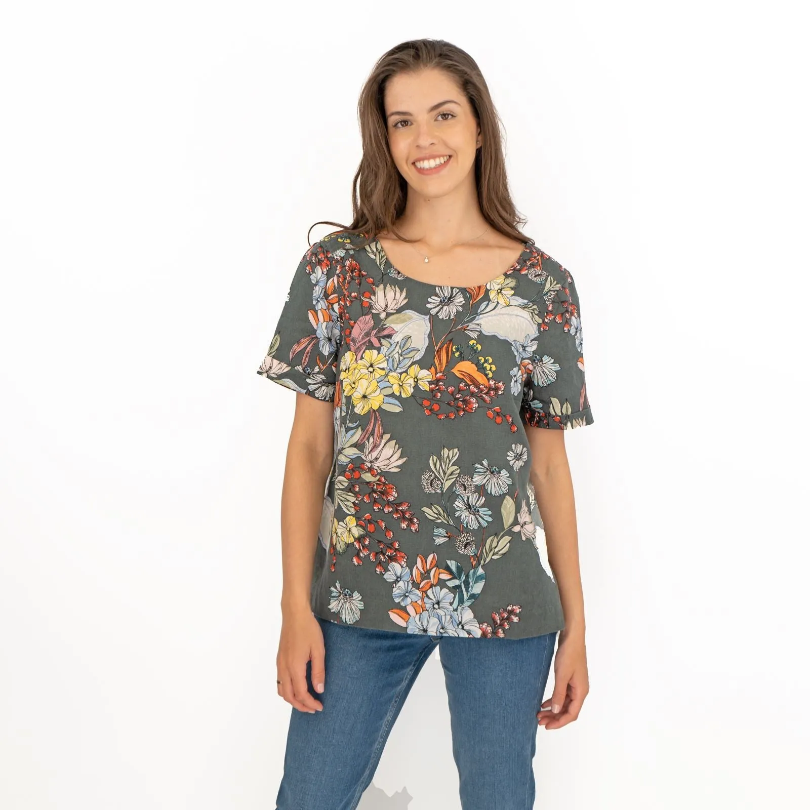 Seasalt Grey Floral Linen Blend Blouse Short Sleeve Tops