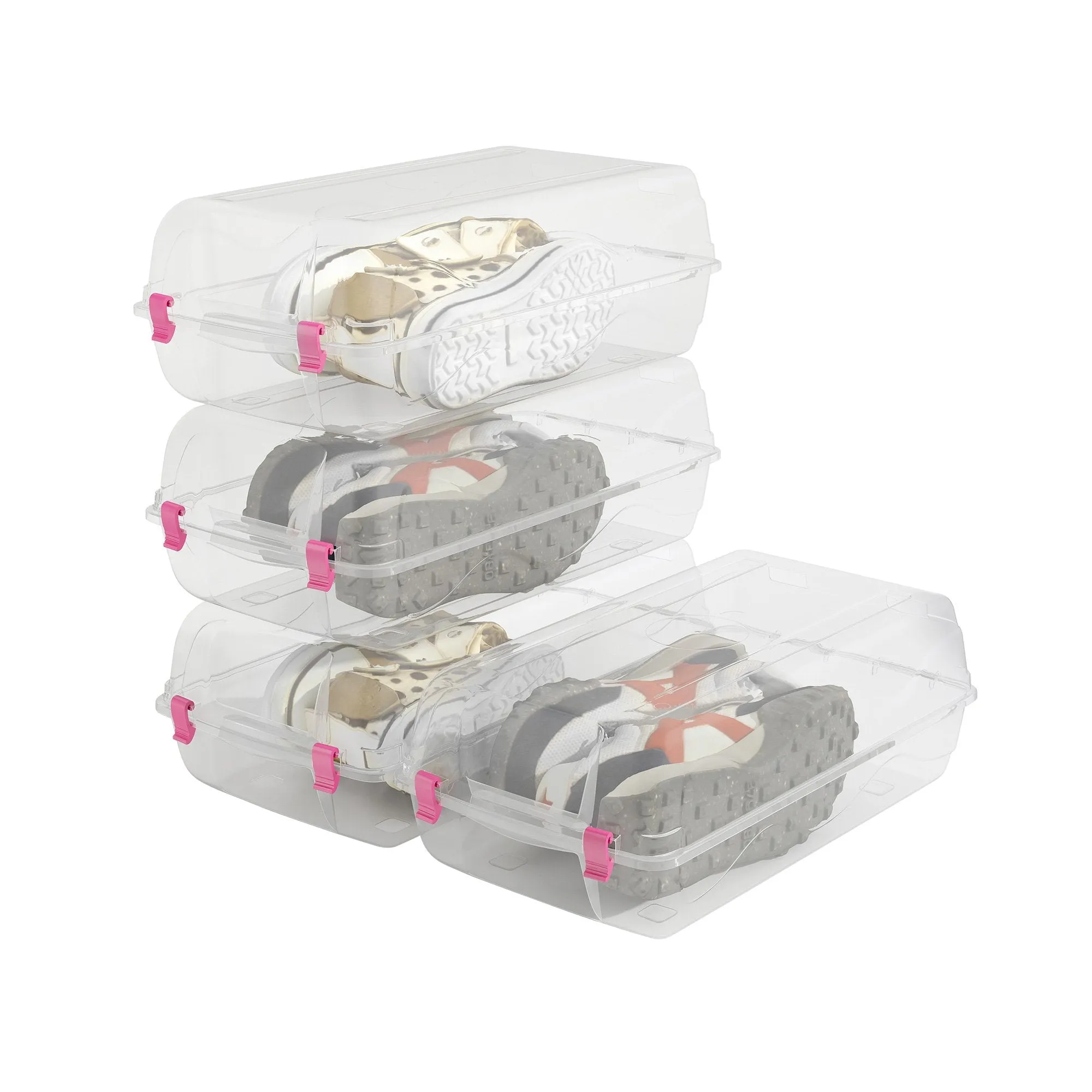 Set of 4 Shoe Storage Box Clear Plastic Stackable Shoe Organizer with Lids, Pink