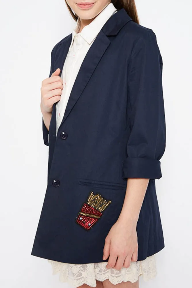 She’s Royal in Navi Preppy Lightweight Blazer with Fancy Patchwork