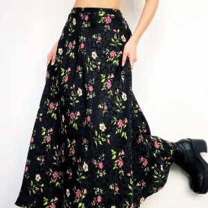 Silky Black Floral Maxi Skirt (M)