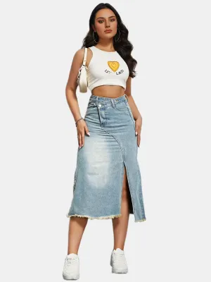 Split Cotton Denim High Waist Slim Skirt