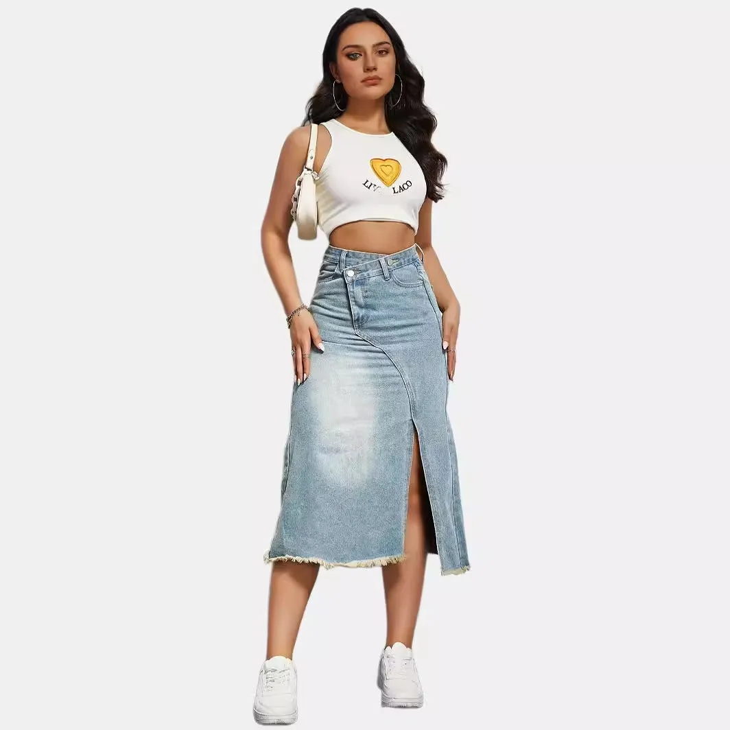 Split Cotton Denim High Waist Slim Skirt