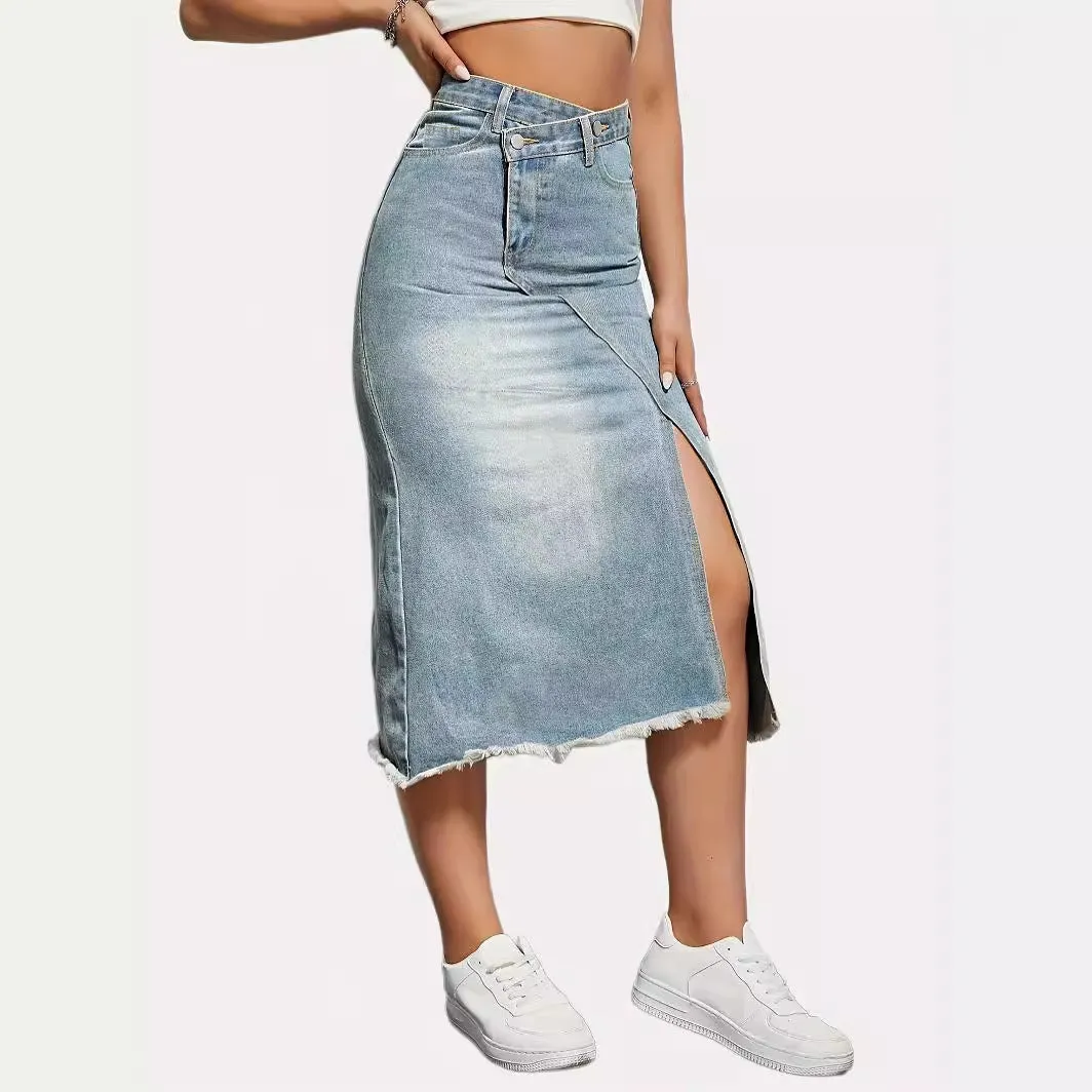 Split Cotton Denim High Waist Slim Skirt