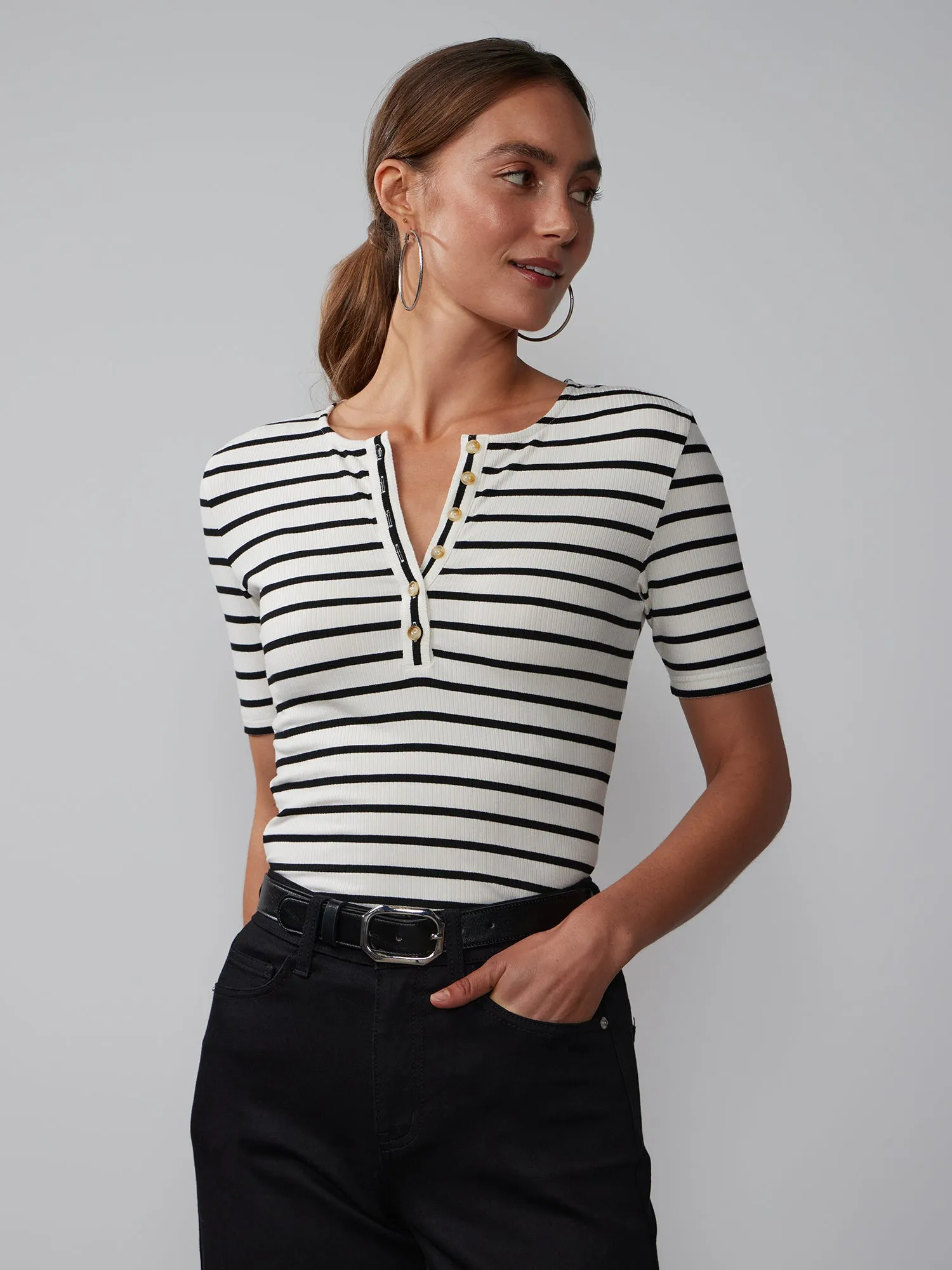 Striped Ribbed Henley Top