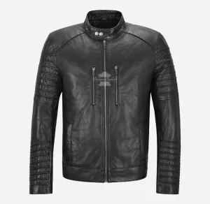 THEO Mens Real Leather Biker Jacket  Black Leather Jacket