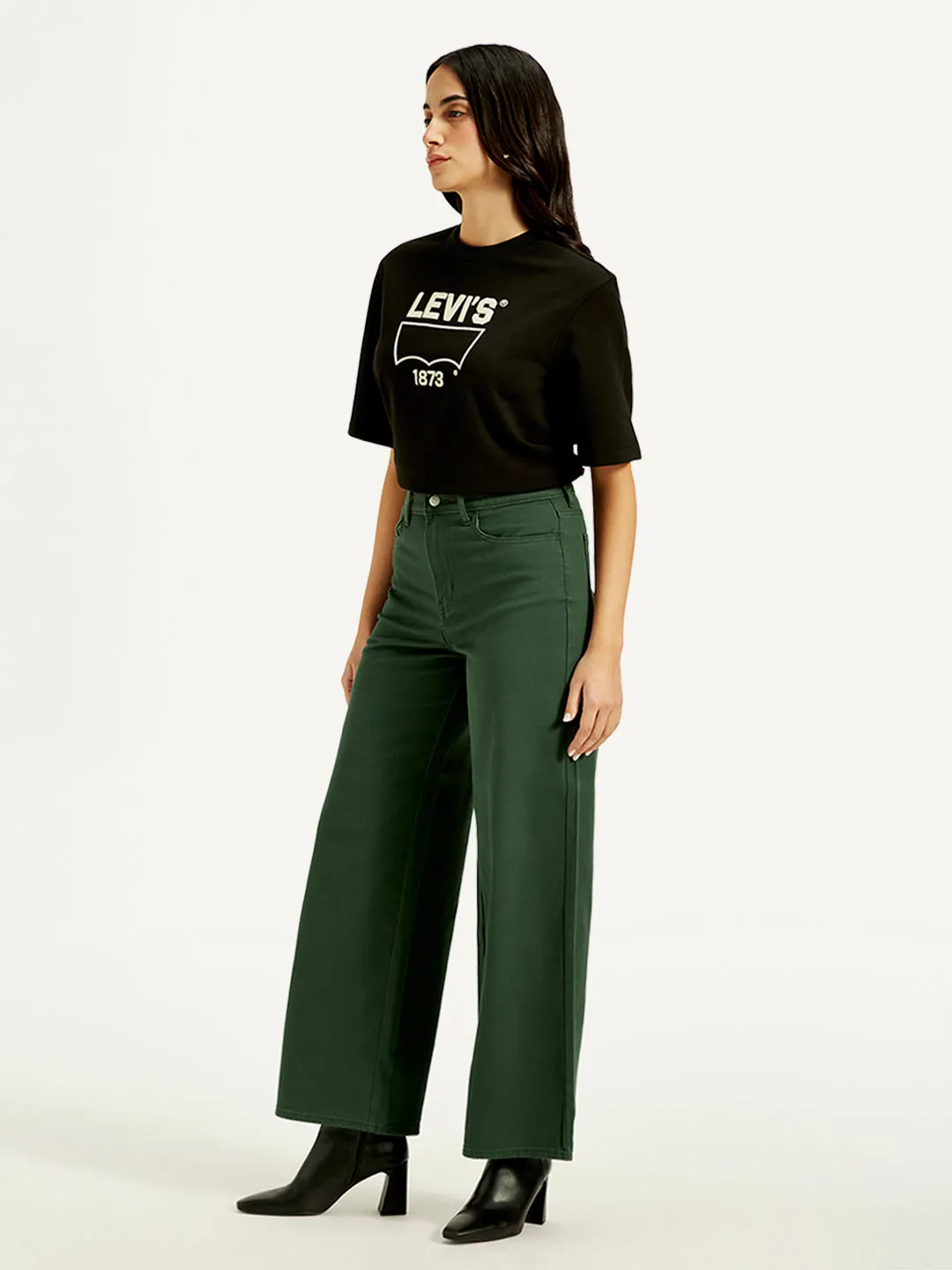 Women's High Rise Vintage Chino Wide Leg Dark-Green Jeans